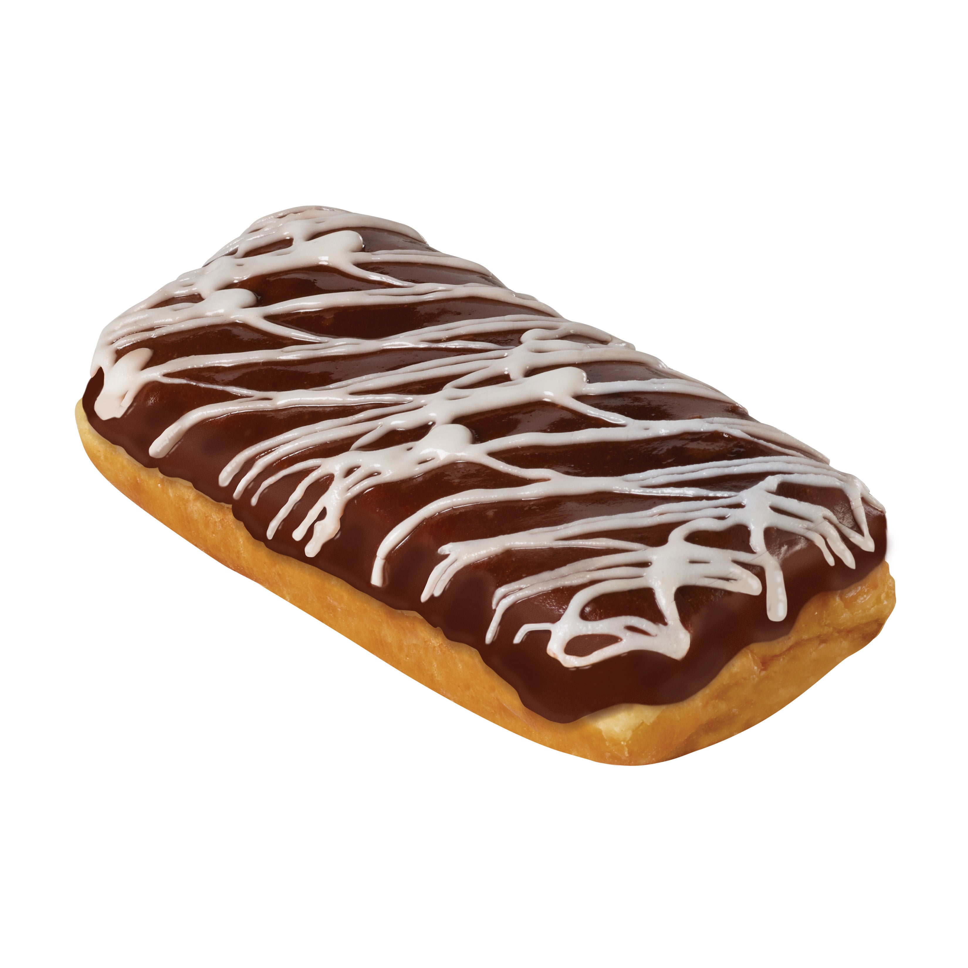 Chocolate Iced Custard Filled Long John with White Drizzle