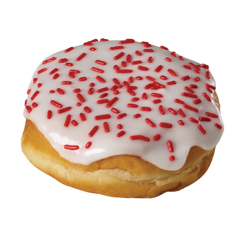 White Iced Raspberry Filled Bismarck with Red Sprinkles | Prairie City ...